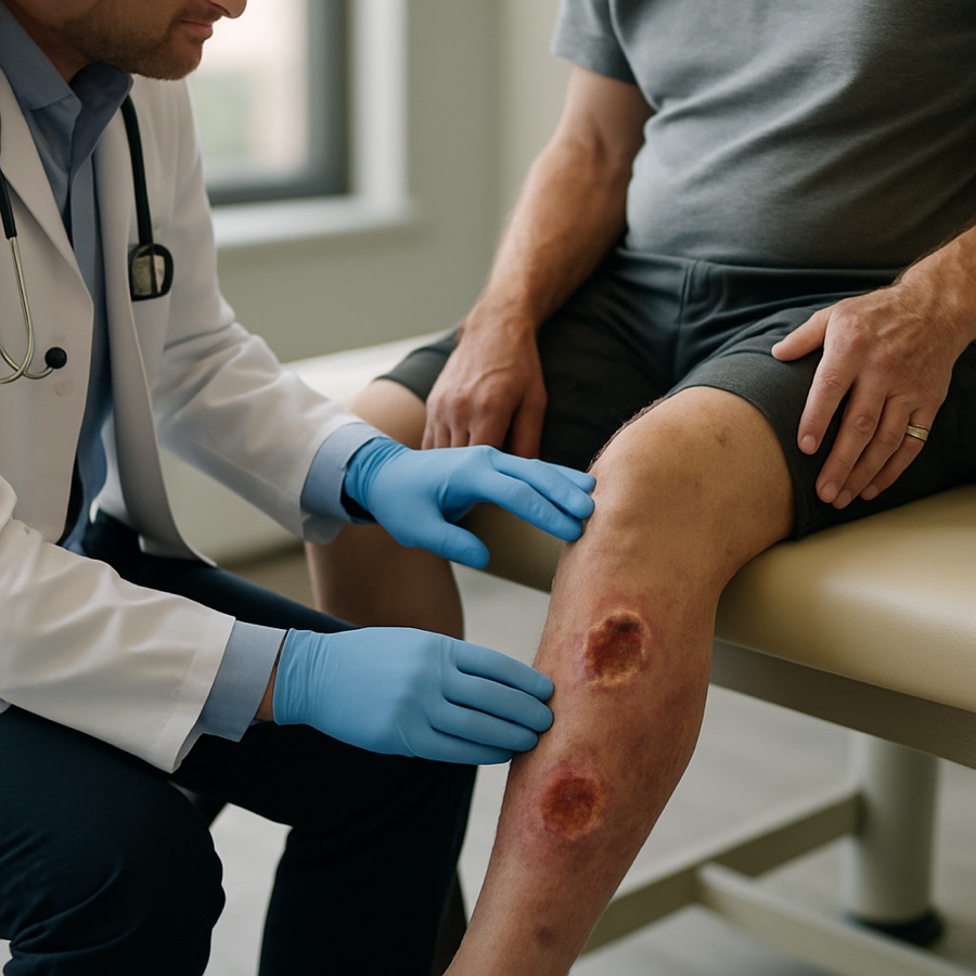A clinician in blue gloves examining a wound on a patient's knee