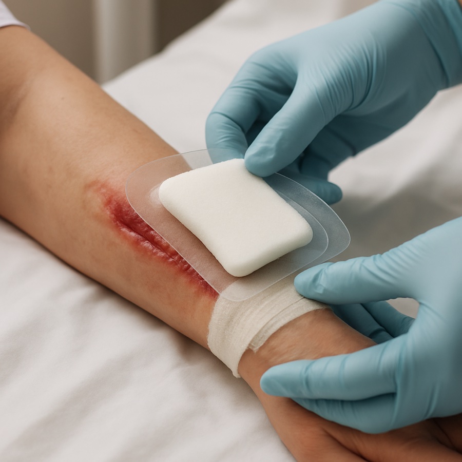 A clinician applying a foam wound dressing to a patient's forearm