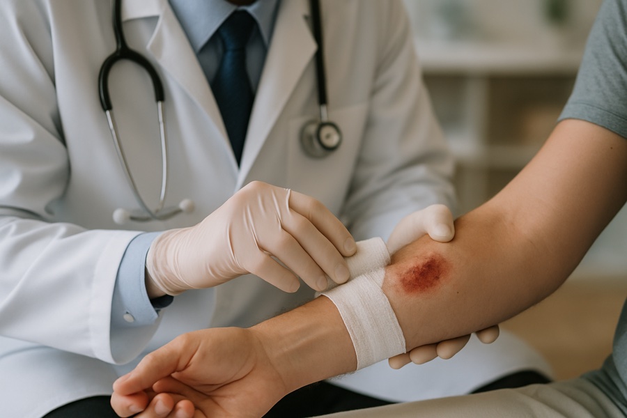 A clinician in gloves bandaging a patient's forearm during a wound evaluation