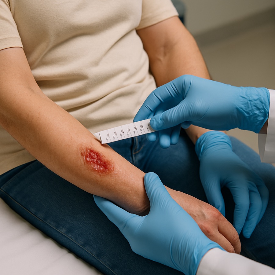 A clinician in blue gloves measuring a wound on a patient's forearm